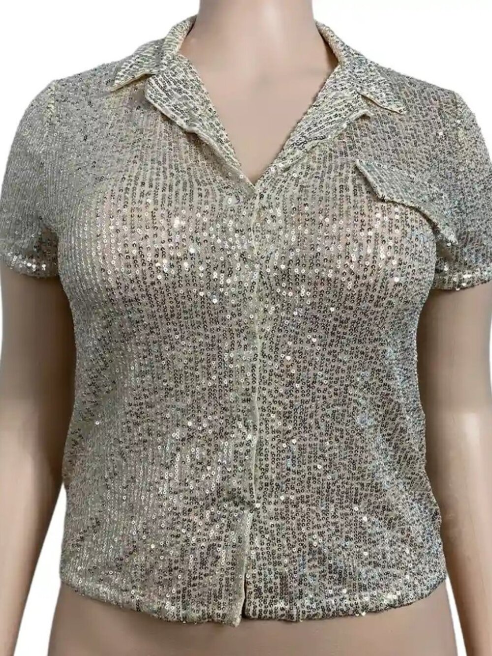 INC International Concepts Sequin Collar Top Silver Champagne